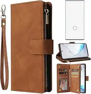Asuwish Compatible with Samsung Galaxy Note 10 Glaxay Note10 5G Wallet Case Tempered Glass Screen Protector and Flip Cover Card Holder Cell Phone Cases for Gaxaly Notes 10s Ten Not S10 Women Men Brown