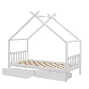 Bed Frame Wooden Base Kids Single Timber House with 2 Storage Drawers Beds White