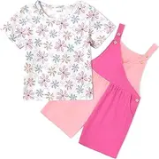 [SOLOYEE] Toddler Girl Clothes 1-6T Girls Summer Outfits Floral T-Shirt+Color Block Overall Shorts 2Pcs Cute Girls Clothing Set, Dark Pink, 2-3 Years