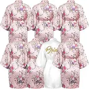 [ASMIZ] 7Pcs Bridesmaid Robes for Wedding, White Bride & Floral Satin Kimono Robes with Gold Glitter ‘Bride’ Letters for Spa Proposal Honeymoon Hen Party & Wedding Day Prep, White, One Size