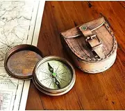 Vintage Style Brass Compass with Leather Case, Navigation Tool, Antique Look Directional Instrument