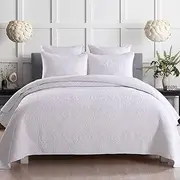 Luxury Quilted Microfibre Cotton Bedspread Coverlet Set Embroidery Quilt Queen King Super King Size Bed Damask White (King/Super King Size 250x270cm)