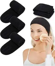 LeoLeoyy Spa Facial Headband Makeup Headband Head Wrap Headband 3 PCS Stretch Hair Band with Magic Tape for Face Wash, Skin Care, Makeup and Sport for Women and Girls (Black)