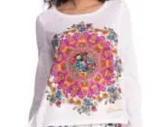 Desigual Mandalay Print White Pleated Back long Sleeve Hi Low Top NWT Size M