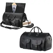 Foldable Carry on Duffel Bag PU Leather Overnight Luggage Bag With Shoes Compartment-Black