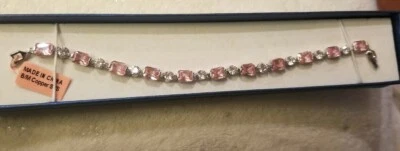 Simulated Pink Sapphire and White CZ Silvertone Tennis Bracelet
