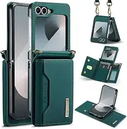 Wallet Case for Samsung Galaxy Z Flip 4, Matte Leather Case Cover Card Holder Detachable Shoulder Strap Buckle Design Cover - Green