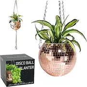 SCANDINORDICA Disco Ball Planter – Disco Ball Plant Hanger, Mirror Disco Planter with Chain and Macrame Hanger, Hanging Planters for Indoor Plants | 6 inch Rose Gold