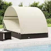 2-Person Sunbed with Adjustable Round Roof, Poly Rattan Lounger Set for Patio, Pool, and Garden - 211x112x140 cm, Black with Cream Cushions, Outdoor Folding Chaise Lounge Chair