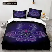 v1064 Bed Sheets Death Moth Duvet Cover Set Queen Size Gothic Skull Boho Comforter Cover Black And White Skeleton Decorative Soft Bedding Set 3-Piece