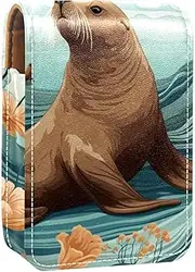 Travel Lipstick Organizer Case,Lipstick Case Portable Makeup Bag with Mirror,Animal Seal Art Ocean Pattern