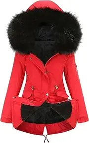 [JEShifangjiusu] Women's Loose Zip Warm Pad Parker Hood 1/2 Piece Set with Cushion Loose Wool Winter Coat Hooded Tunic with Wool Collar, Red, 5XL