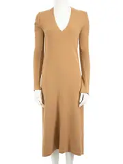 Camel Wool V-Neck Knitted Midi Dress