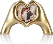 Heart shaped hand sculpture photo frame with gold heart decoration, gold finger heart wedding gift for shelf on desktop coffee table TV cabinet divider nightstand living room dining table centerpiece
