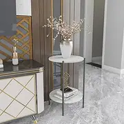Marble Top Side Table Black: 2 Tier Narrow Round Shape End Tables 40.5 x 55cm Sintered Stone Bedsides with Metal Black Legs Modern White Nightstand Circular Sofa Corner Plant Table
