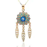 14K Solid Gold Pendant Necklace Chain Hand-Painted Evil Eye Dreamcatcher Pendant