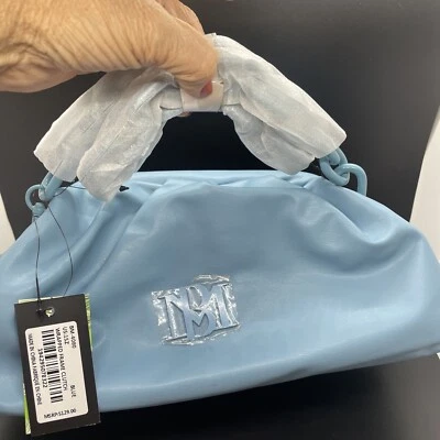 Badgley Mischka Vegan Blue Leather Handbag Wrapped Frame Clutch Chain Strap NWT