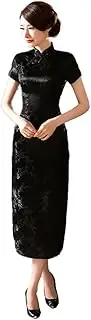 [STIOEDYUAN] Women Cheongsam Long Dress Evening Short Sleeve Slim Fit Maxi Dress Floral Faux Silk Stand Collar Bodycon Qipao