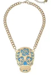 $50 VTG BETSEY JOHNSON PHOTO ETCH BLUE FLOWER SKULL CURB FRONTAL NECKLACE BH1