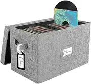 Vinyl Record Storage Box for 7"/45 RPM LPs, Grey Case with Lid Holds up to 80 Albums, CD Crate Play Music Collection Holder, Collapsible File Folder Cabinet Organizer with Handle