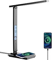 Dott Arts LED Desk Lamp with Wireless Charger, Touch Control Study Lamp with USB Charging Port, Table Lamp with Clock, Alarm, Date, Temperature, Office Desk Lamps for Home Office, Black