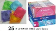 25 x Verbatim 94611 CD-R 52x Speed Discs in Slim Jewel Cases Neon Colours B482