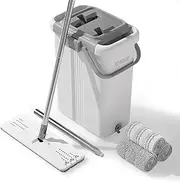 JOYMOOP Mop and Bucket Set with Wringer, Dust Mops for Floor Cleaning, Wall Cleaner with Long Handle, Microfiber Mop - White Bucket with 3 Reusable 15" Microfiber Pads