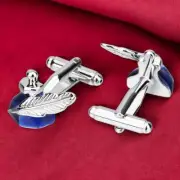 Fountain Pen Cufflinks, Brass, Blue Ink Feather Design, Elegant Men's Gift