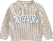 [MA&BABY] Toddler Girl Boy Sweater Casual One Birthday Letters Embroidery Warm Knitted Long Sleeves Pullover Infant Knitwear
