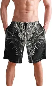 [XYMZR] Men's Swim Trunks White Black Dragon Head Quick-Dry Bathing Suit Swimming Board Shorts S