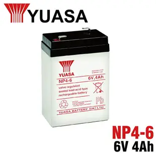 YUASA NP4-6 6V4Ah可充電密封鉛酸電池+6V1A圓孔DC充電器 適合帶有通用圓孔的6伏電池的電動嬰兒車乘騎玩具 台灣製造