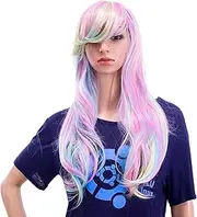 SWACC 70cm Long Curly Wave Cosplay Synthetic Wig Mixed Colourful Highlights