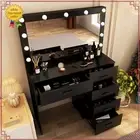Black Dressing Table Vanity Set with LED Lighted Mirror 5 Drawers Make up Desk