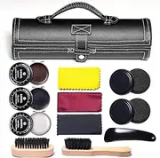 [YUET] Shoe Polish Kit Cleaning Shine Care Barrel Set For Brown Black Leather With Brush Travel Case Luxury Premium Soft Horsehair Bristle Dauber, Wooden Applicator, Shoehorn, Cloth 12 Piece