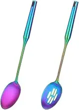 1 Solid Spoon 1 Slotted Spoon Stainless Steel, BUY&USE 2 Pcs Durable Cooking Utensil, 15 Inches Long Handle Serving Spoon, Rainbow, Dishwasher Safe