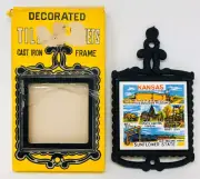 Vintage 1970s Kansas Cathay Tile Trivet Tourist Sites Cast Iron Frame NIB Almco