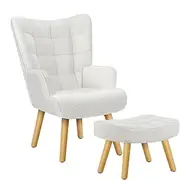 ALFORDSON Boucle Armchair with Footstool Ottoman, High Back Leisure Occasional Accent Nursing Chair Wooden Legs, Lounge Sofa for Reading Dressing Bedroom Living Room, Max 180kg, Bozena Boucle White