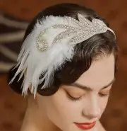 FLAPPER HEADBAND-Flapper, Roaring 20s Headpiece Crystal Feather Headpiece White