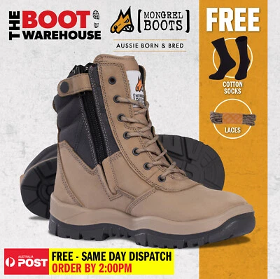Mongrel 251060 STONE Work Boots. Steel Toe Safety. Hi-Leg Comfortable Zip Sider.