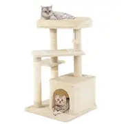 Costway 85cm 4-Tier Sisal Cat Tree Tower Activity Scratching Post w/Perch & Play Ball House Bed Beige