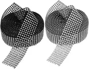 TEHAUX 2 Rolls Rhinestone Mesh Ribbons Rows Self Adhesive Black Silver Bling for Wedding Cake Birthday Craft Decorations Lightweight Durable Design