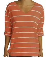 New Nautica Women’s V-Neck Top With Roll Tab Sleeves Large L Hibiscus