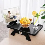 SINWANT Sofa Armrest Tray, Clip On Couch Arm Table, Foldable Sofa Arm Tray with 360° Rotating Phone Holder and Stable Sofa Table for Eating and Drink, Black