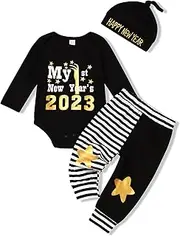 [bilison] My 1st New Year Baby Boy Outfit Christmas Romper+ Suspender Pants+Hat Clothes Set Happy New Year Outfits 0-12M