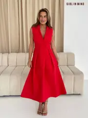Girl In Mind Red Cameron Collared Tailored Shirt Dress (H13939) | $120