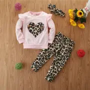 Toddler Baby Girls Fashion Heart Print Tops+Leopard Pants +Headbands Outfits Set