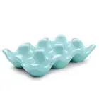 Ceramic Egg Tray 6 Cup Egg Holder Container for Refrigerator Fridge (Blue)