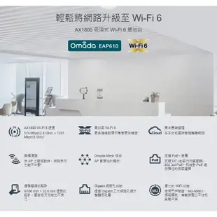 TP-Link EAP610 AX1800 wifi6 無線雙頻 PoE 無線 AP 吸頂式基地台 路由器