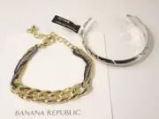 Banana Republic Women's Tri Color Chain Link Bracelet NWT Leaf Cuff Bracelet SET