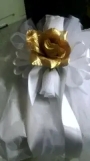 White And Gold Wedding Pew Bows Set Of 10 with white ribbon rush available